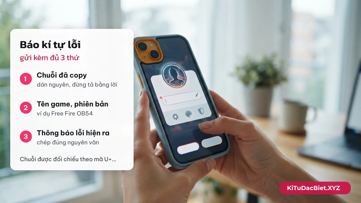 Thư báo kí tự lỗi gửi KiTuDacBiet.XYZ: chuỗi đã copy, tên game và phiên bản, thông báo lỗi