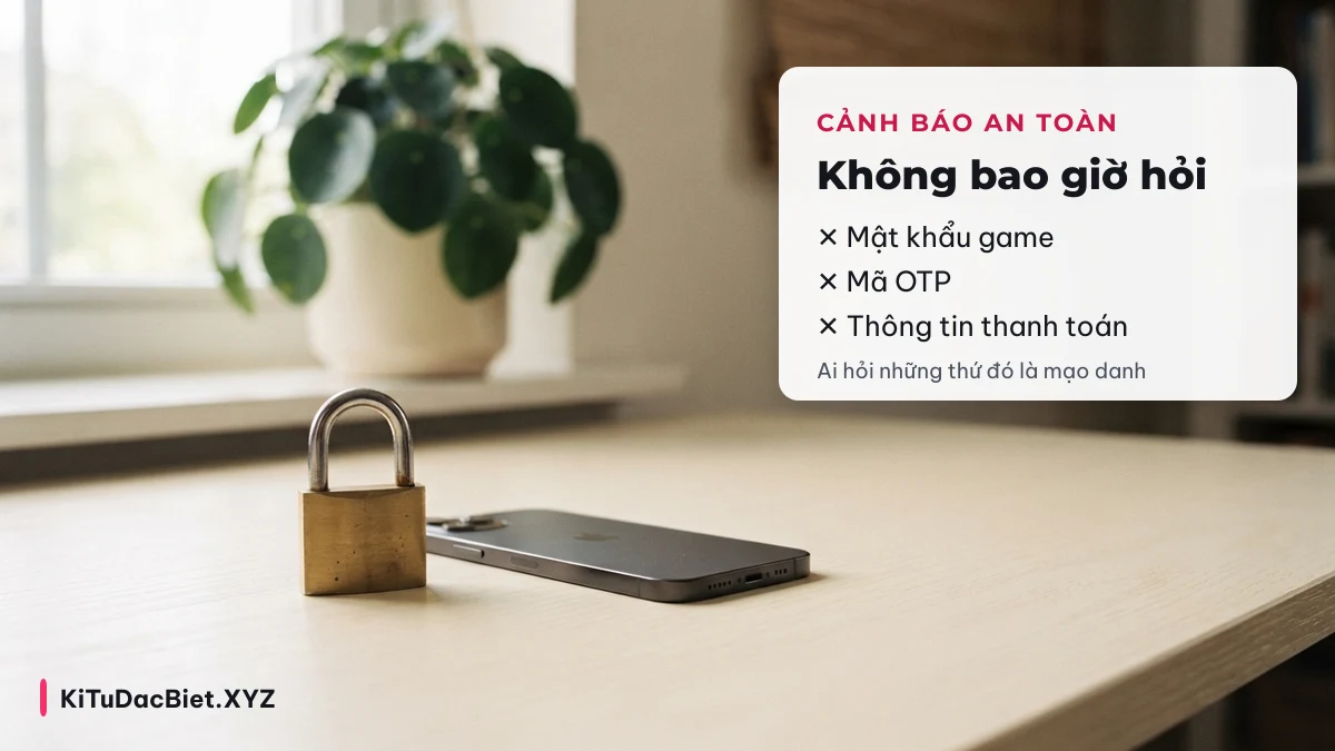 Cảnh báo an toàn: KiTuDacBiet.XYZ không bao giờ hỏi mật khẩu game, mã OTP hay thông tin thanh toán