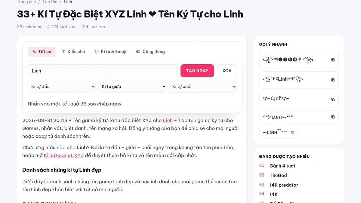 Ảnh chụp trang tên Linh trên KiTuDacBiet.XYZ: máy tạo tên đã điền sẵn tên Linh và gợi ý nhanh các mẫu kí tự