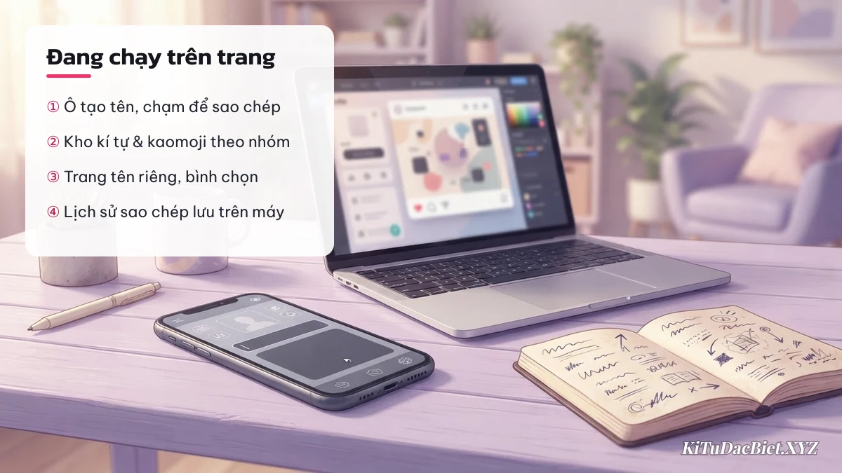 Bốn tính năng đang chạy trên KiTuDacBiet.XYZ: tạo tên kí tự đặc biệt, kho kí tự, trang tên riêng, lịch sử sao chép
