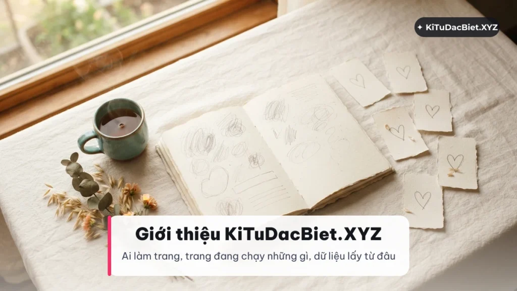 Giới thiệu KiTuDacBiet.XYZ: sổ tay ghi tên và thẻ kí tự trái tim trên bàn