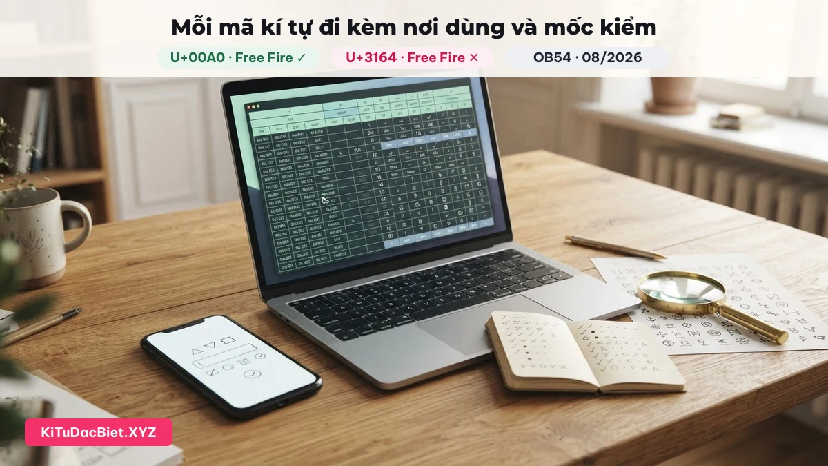 Bảng mã kí tự kèm nơi dùng và mốc kiểm: U+00A0 dùng được, U+3164 bị Free Fire chặn, OB54 08/2026