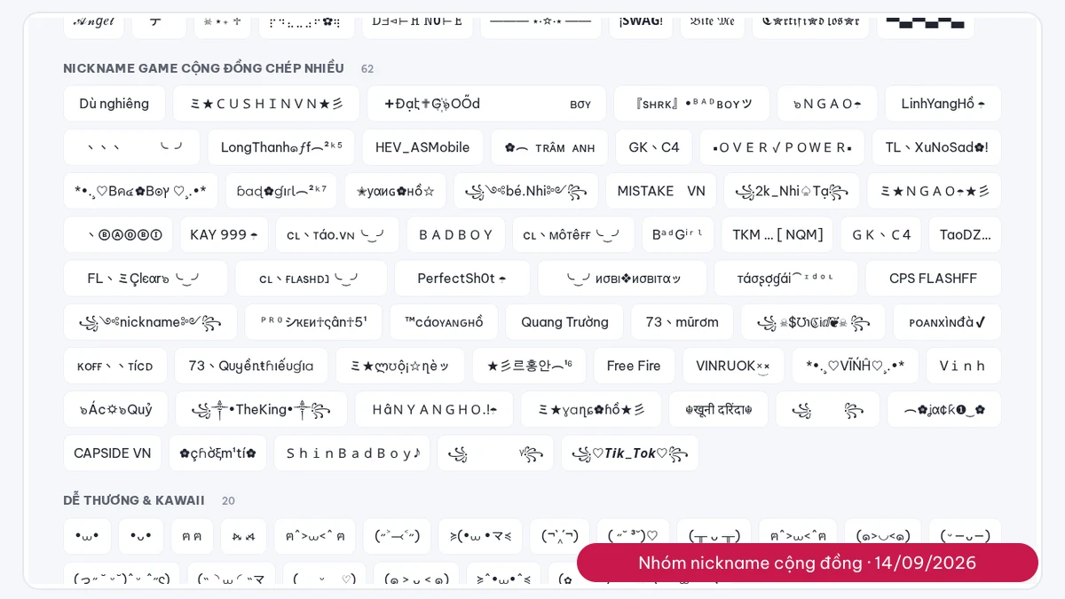 Ảnh chụp nhóm nickname game cộng đồng chép nhiều trong kho kí tự KiTuDacBiet.XYZ ngày 14/09/2026