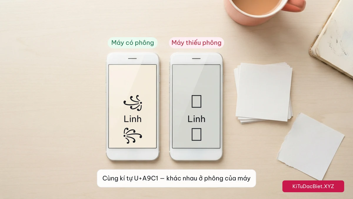 Minh hoạ cùng kí tự ꧁ Linh ꧂ hiện đúng trên máy có phông và thành ô vuông trống trên máy thiếu phông