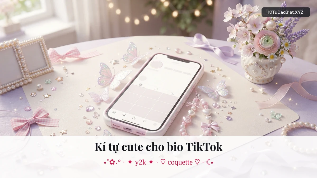 Điện thoại trên bàn trang trí nơ, bướm và ngọc trai minh hoạ kí tự cute cho bio TikTok
