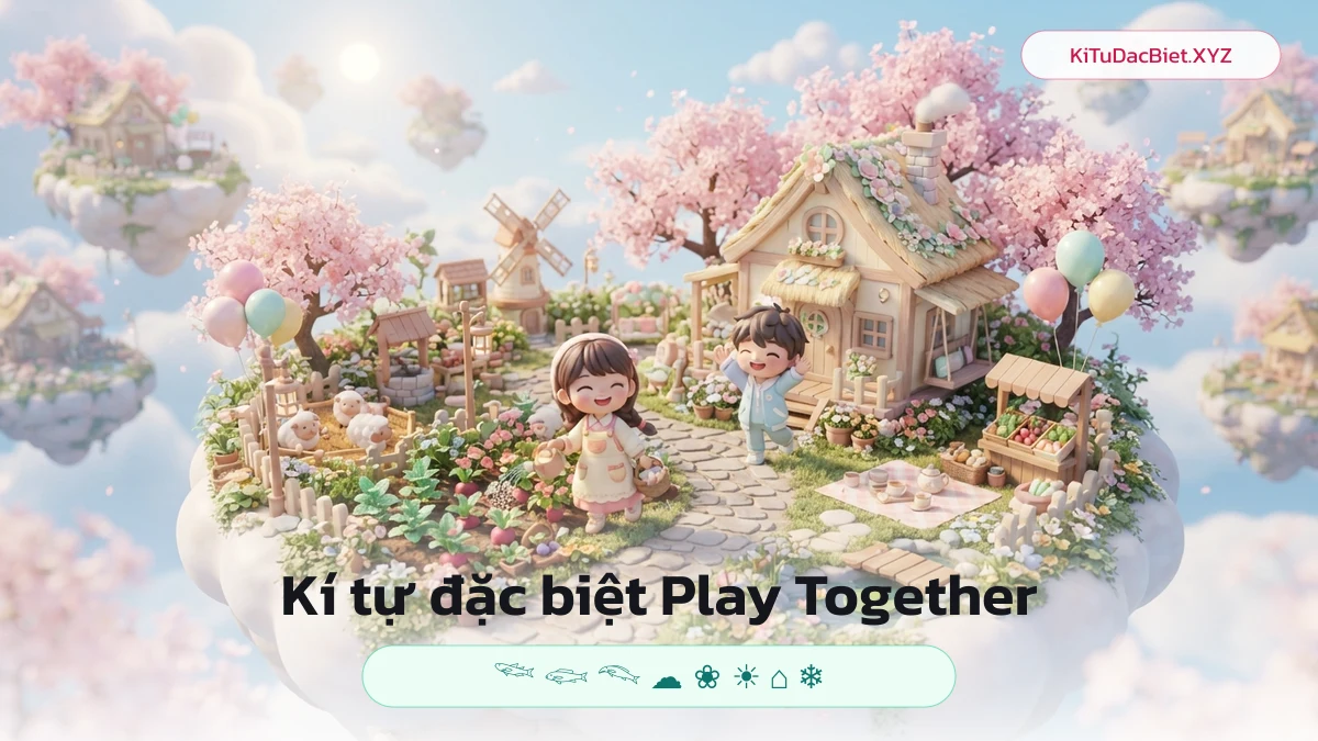 Minh hoạ kí tự đặc biệt Play Together trên nền đảo pastel với kí tự cá, mây, hoa có thể chép