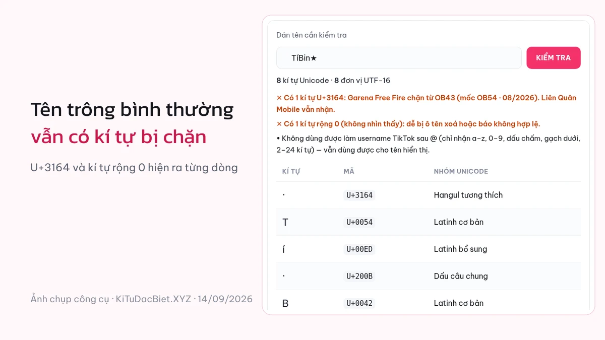Ảnh chụp công cụ kiểm tên phát hiện kí tự U+3164 và kí tự rộng 0 trong một tên game