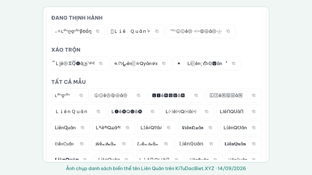 Ảnh chụp danh sách biến thể tên Liên Quân bằng kí tự đặc biệt trên KiTuDacBiet.XYZ