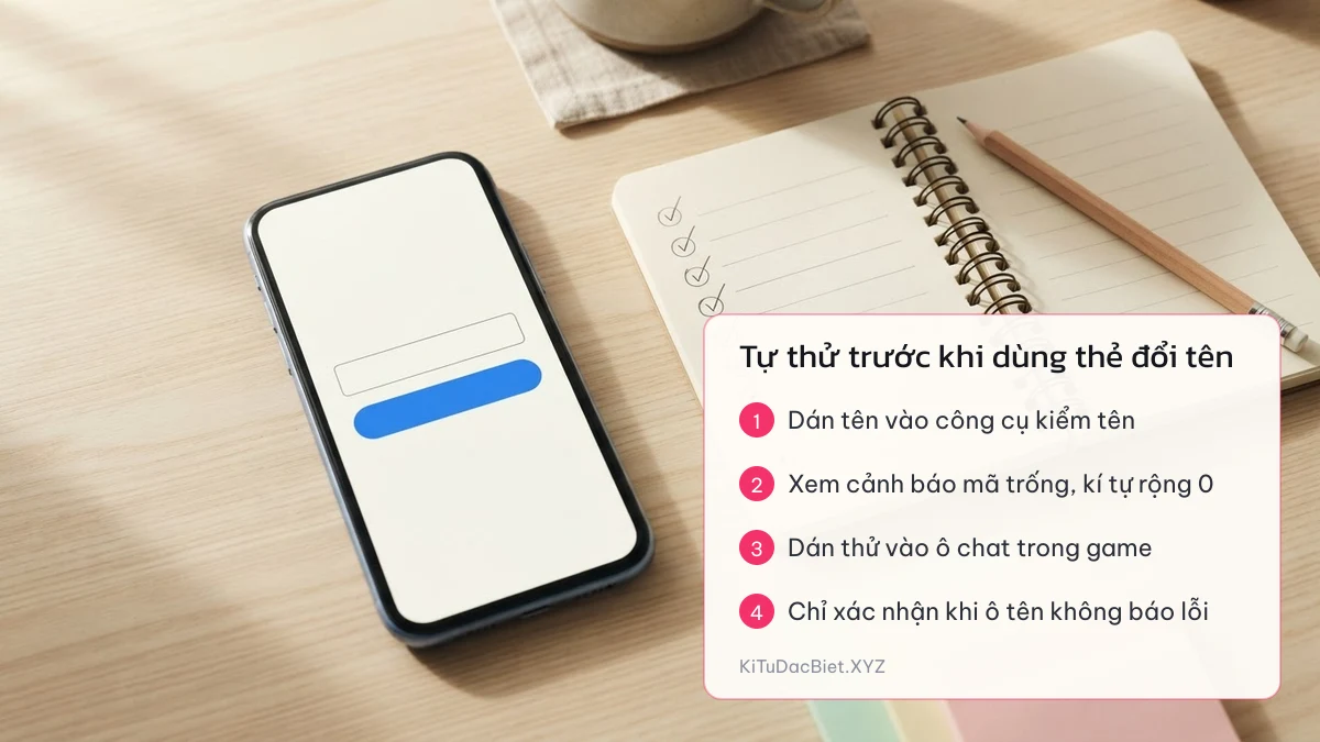 Minh hoạ 4 bước tự thử tên game trước khi dùng thẻ đổi tên bên cạnh điện thoại có ô nhập tên