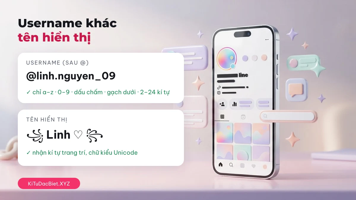 So sánh username TikTok chỉ nhận a-z 0-9 dấu chấm gạch dưới với tên hiển thị nhận kí tự đặc biệt